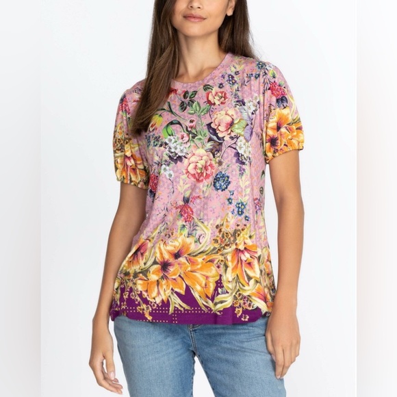 Johnny Was Topiary Floral Crew Neck Puff Sleeve Bohemian Top in size XXS - Picture 1 of 16